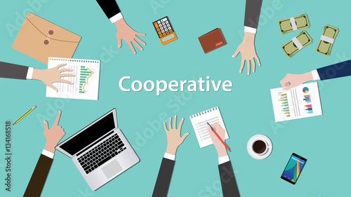 cooperative concept discussion illustration with paperworks, money, notebook on top of table