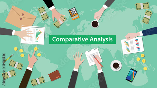 comparative analysis concept discussion illustration with paperworks, paper money and coins on top of table