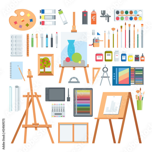 Art tools flat painting icons vector set.