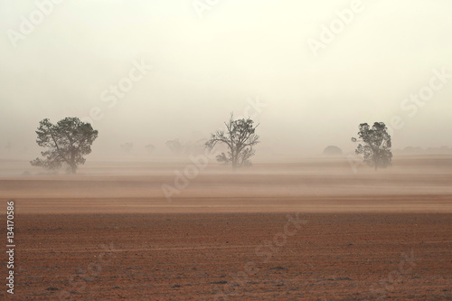 Dust storm in outback Australia on rural farm with crops in paddock in Mallee