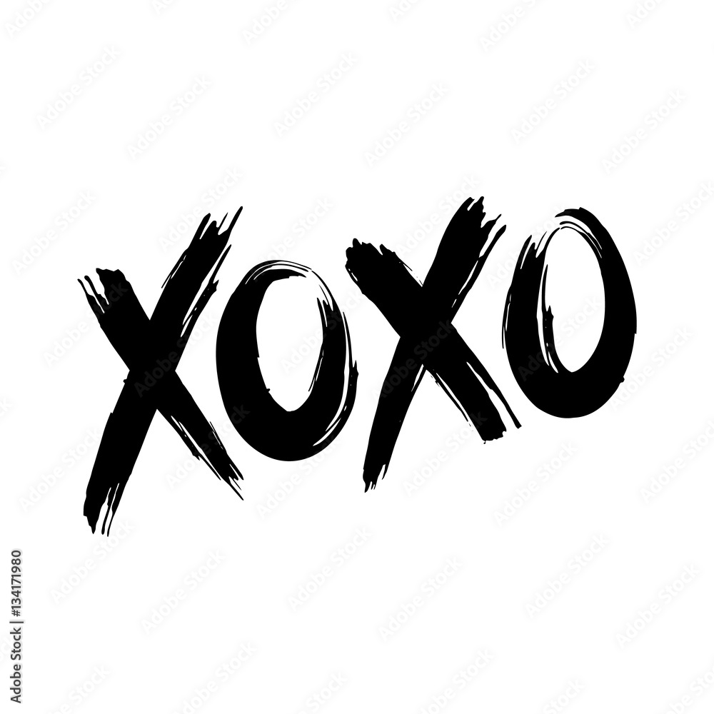 Phrase XOXO hugs and kisses black brush lettering on a white