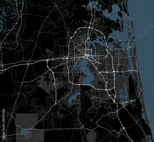 Black and white map of Jacksonville city. Florida Roads