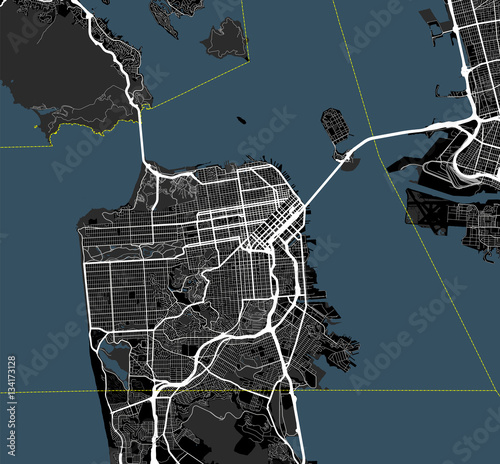 Black and white map of San Francisco city. California Roads