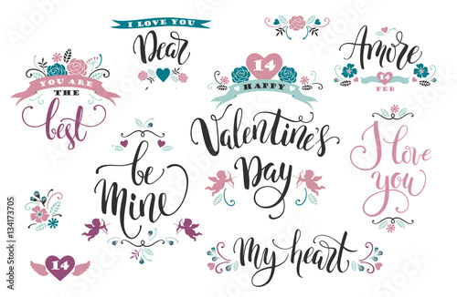 Fototapeta Naklejka Na Ścianę i Meble -  Happy Valentines Day. Set of hand drawn inscriptions.