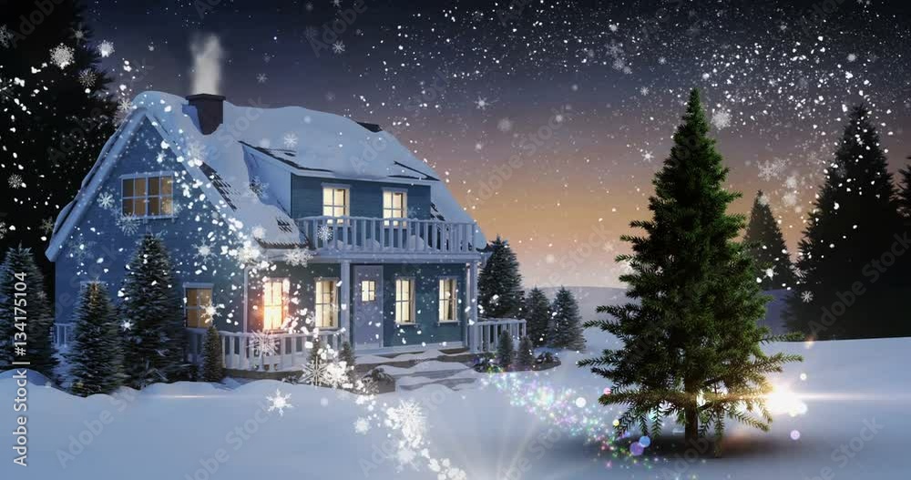 Illustration of house and snow covered trees on a snowy landscape 