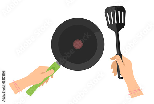 Female hands with empty teflon cooking pan and black slotted spatula. Flat concept illustration of restaurant and household food fry, roast tools. Vector kitchen elements for web, cook infographic.