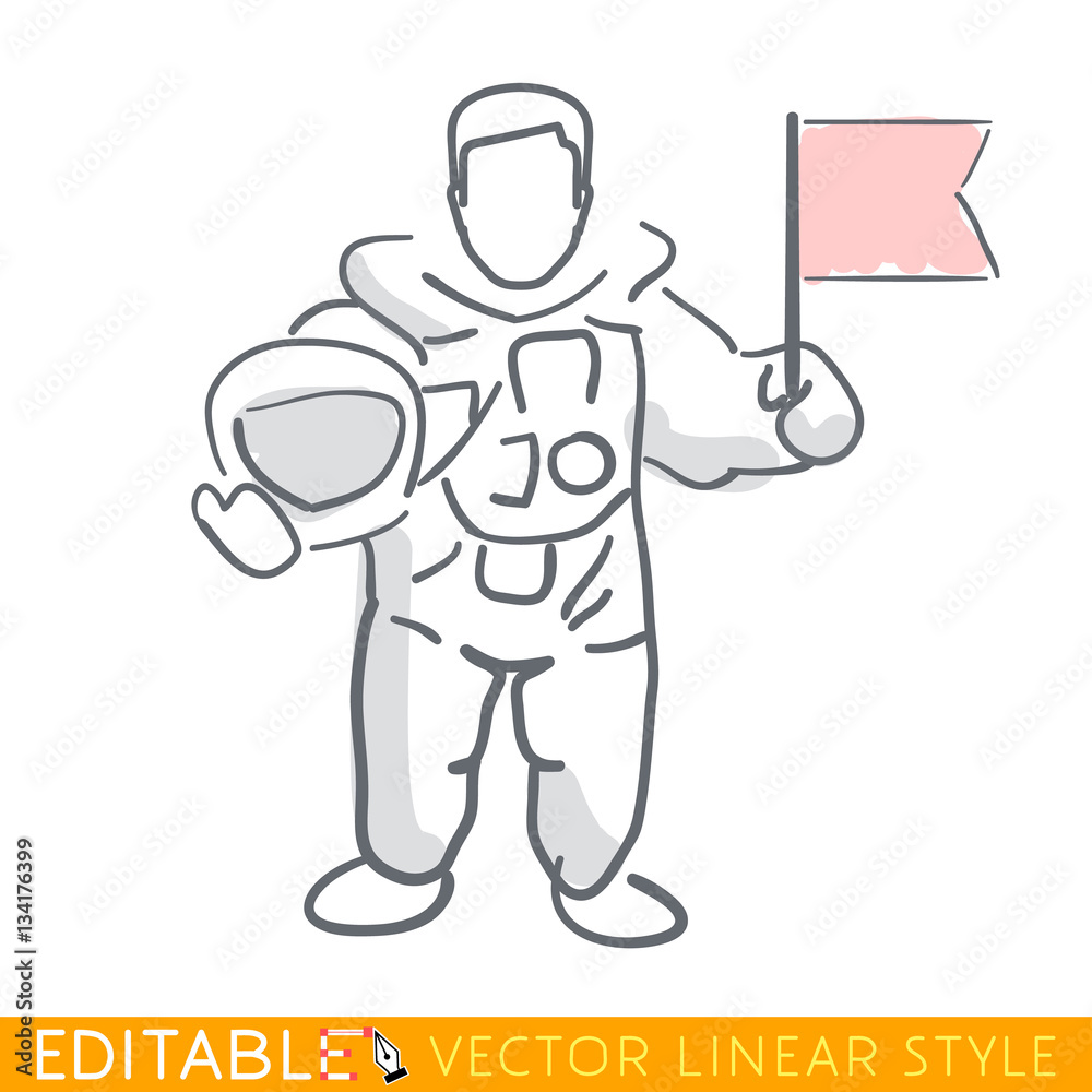 Astronaut holding flag. Editable line drawing. Stock vector illustration. Astronaut holding flag. Editable line drawing. Stock vector illustration.