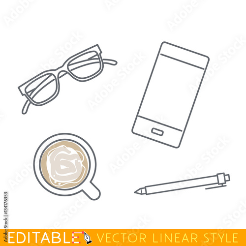 Business accessories. Cellphone glasses cup and pen. Editable line drawing. Stock vector illustration.