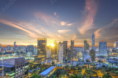 Bangkok capital city of Thailand in business areas at sunset meet nightlight