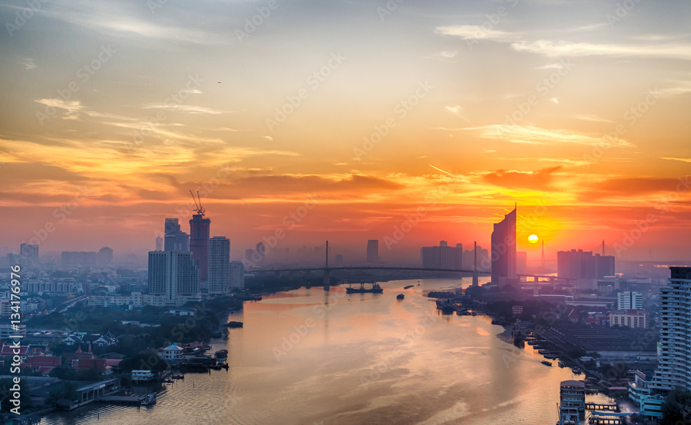Sunrise over Bangkok and Chao Phraya River