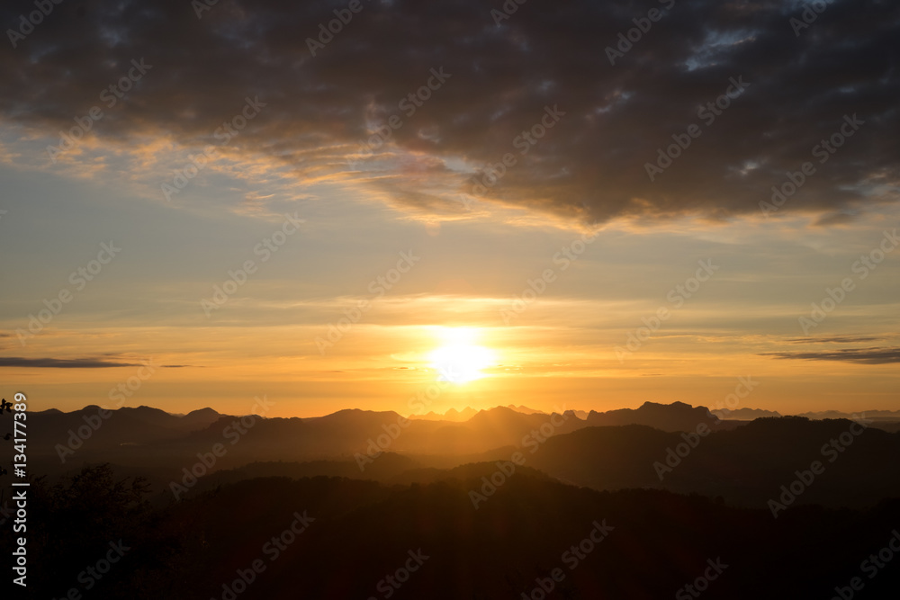 Beautiful Landscape of Sunrise with mist, sky and cloud view from top mountain at Phu Bo Bit, Loei, Thailand