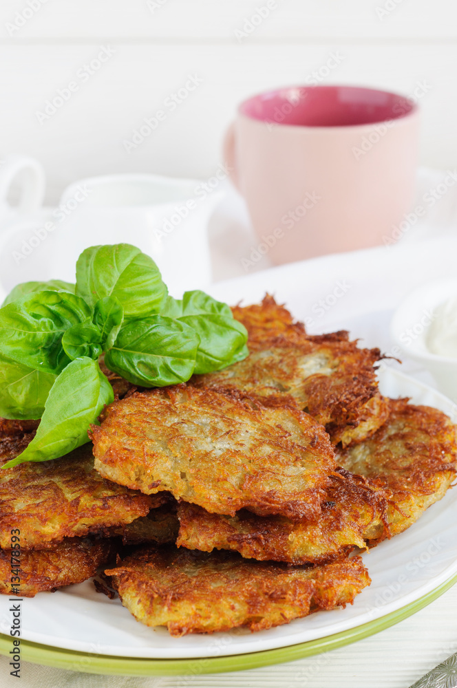Potato pancakes and cup of milk Potato pancakes and cup of milk
