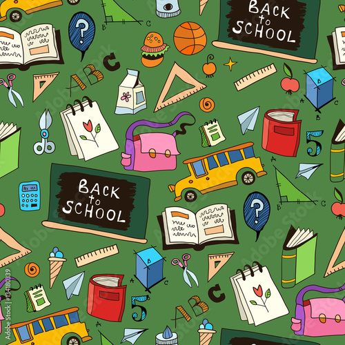 Seamless pattern with of different school things.
