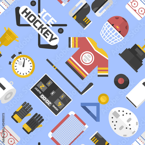 Sports seamless pattern with hockey equipment flat vector.