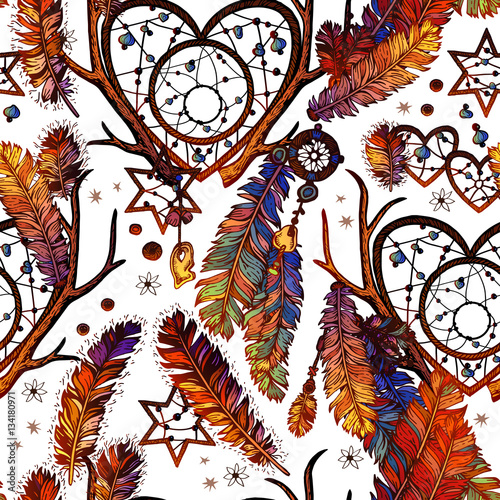 Colorful pattern with feathers and hearts on white