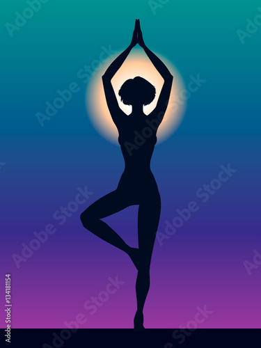 Silhouette of woman vector illustration. Pose Vrikshasana. Girl Meditation yoga