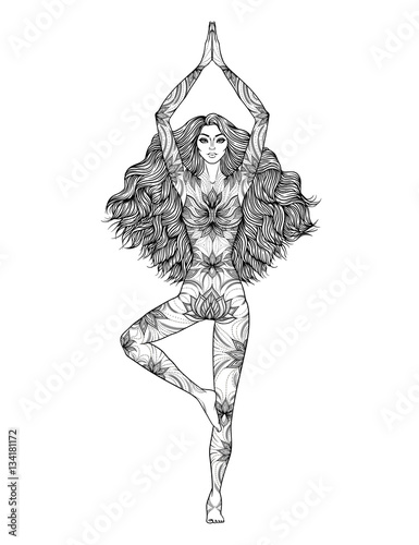 Yoga woman vector illustration. Pose Vrikshasana. Girl Meditation