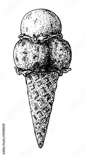 Sketch graphic icecream illustration, vector draft silhouette drawing, black on white background.  Three balls ice-cream in waffle cone.