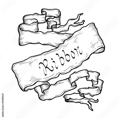 Hand drawn sketch vintage curly ribbon, black draft isolated on white background, with copy space for your text. Vector illustration.