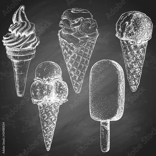 Hand drawn ice cream set sketch, in waffle cone and on a stick, white chalk on black chalkboard background. Vector illustration.