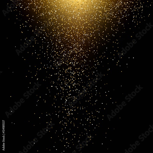 Abstract dark background with golden dust and source of light. Vector illustration.