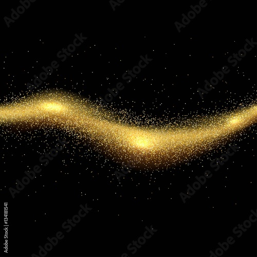 Abstract dark background with golden dust curve line. Vector illustration.