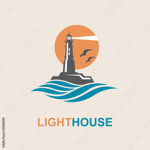 lighthouse icon design with ocean waves and seagulls