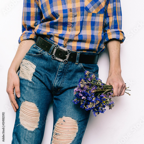 Country Girl Summer fashion style. Accessories. classic blue jea photo