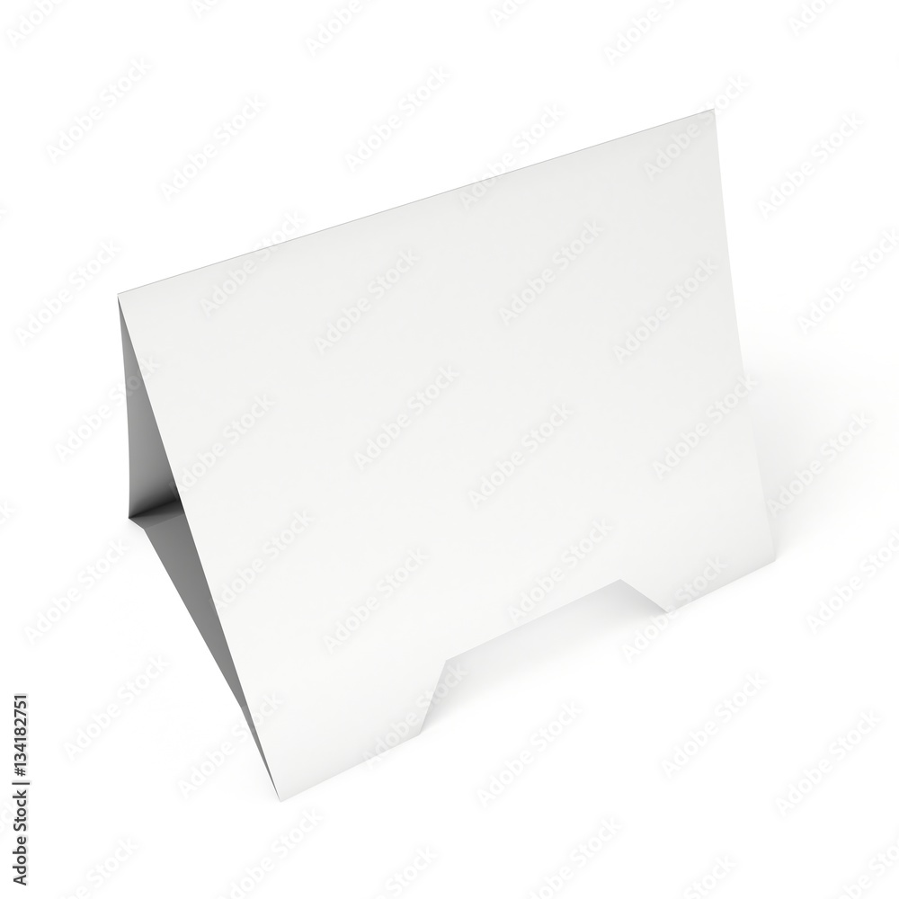 Blank paper tent card. 3d render illustration isolated. Table card mock up on white background. Blank paper tent card. 3d render illustration isolated. Table card mock up on white background.