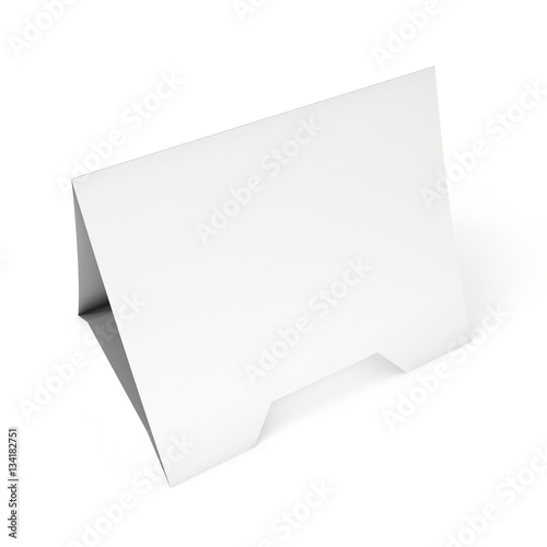 Blank paper tent card. 3d render illustration isolated. Table card mock up on white background.