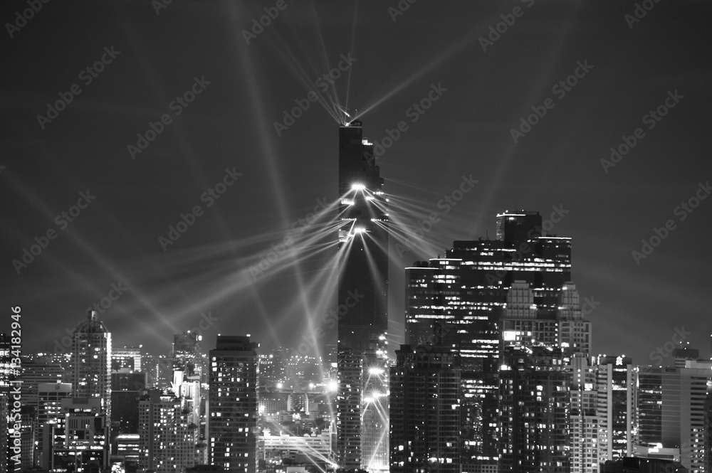 Fototapeta premium Aerial view dark blue nigh in Bangkok, Black and white