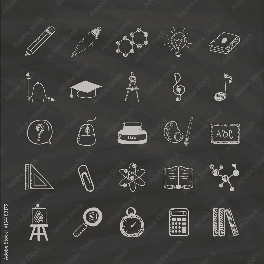 Hand drawn icons about education on a black background Hand drawn icons about education on a black background
