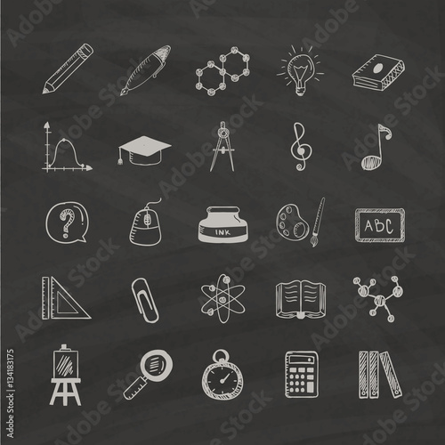 Hand drawn icons about education on a black background