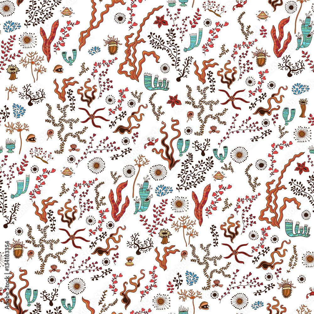 Doodle ocean seaweed, coral seamless pattern Doodle ocean seaweed, coral seamless pattern