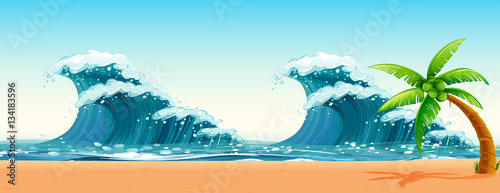 Scene with big waves in the ocean