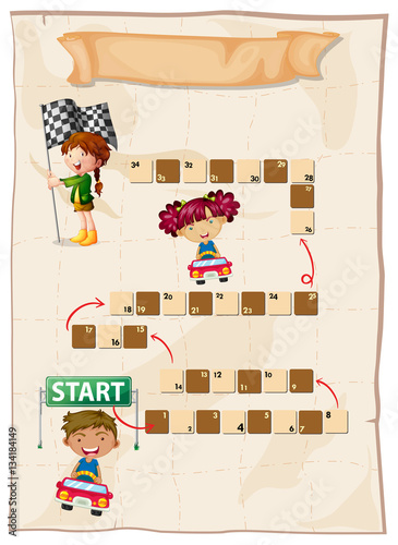 Boardgame template with kids racing cars