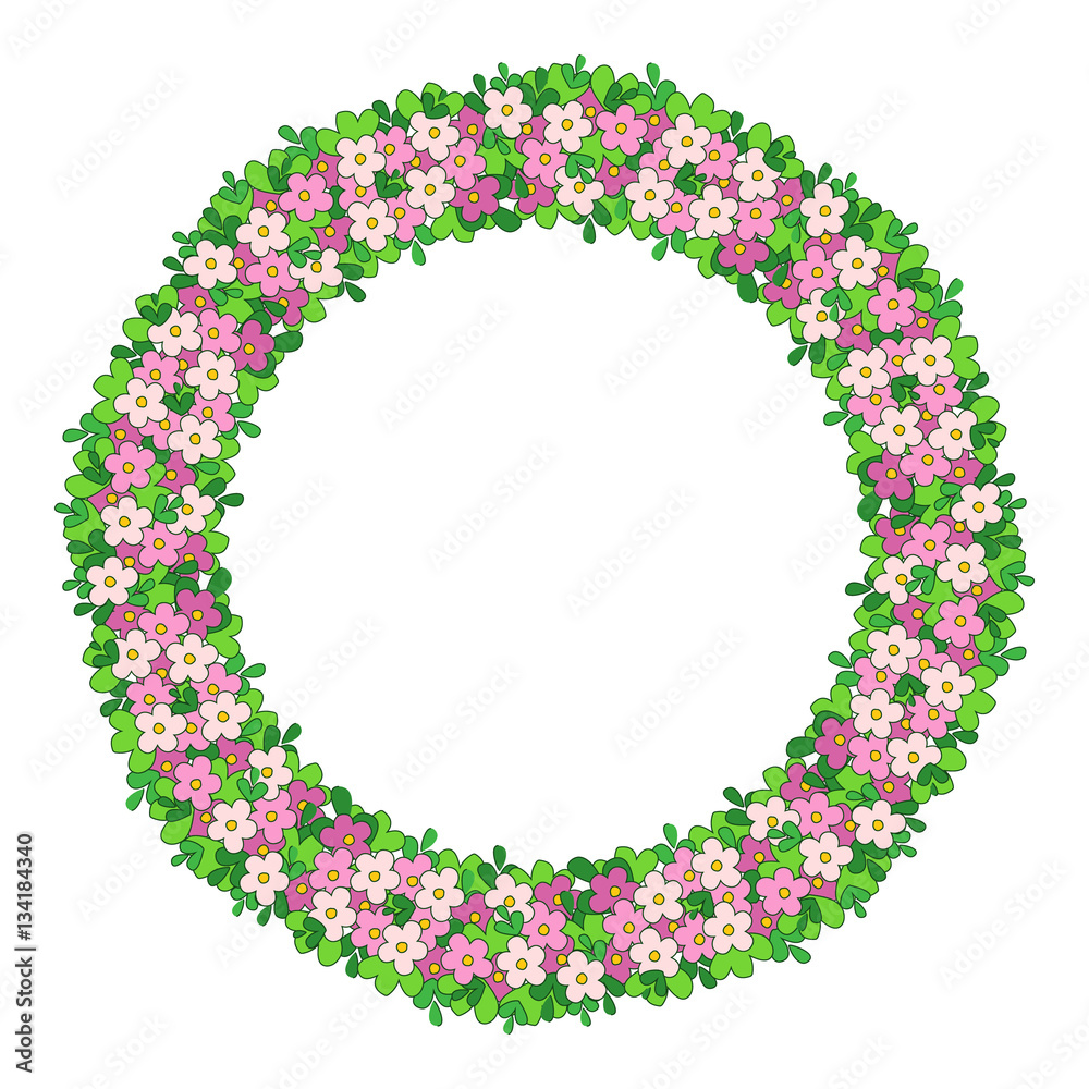 Round colorful frame of flowers. The border of delicate flowers, a wreath with green leaves and pink flowers.