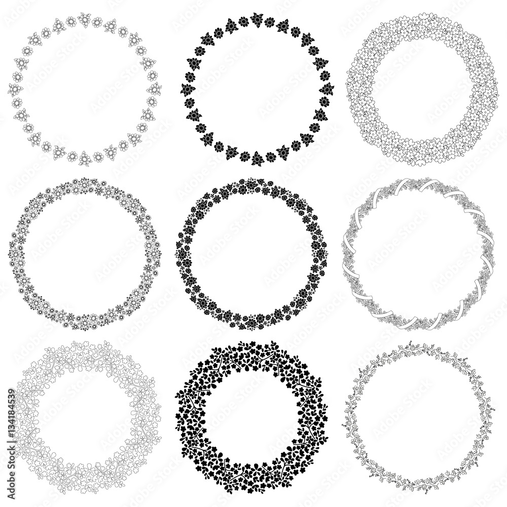 Set of round frames with flowers. Decorative elements for design.