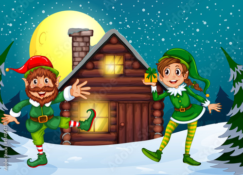 Two elves at the wood cabin