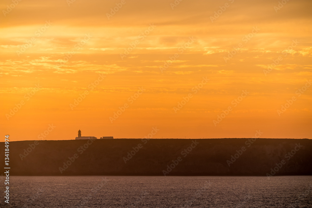 Lighthouse Silhouette on Cliff at Sunset in Portugal