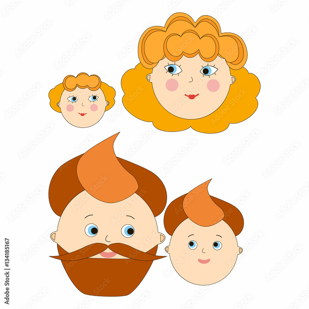 Set of cartoon portraits of family members. Dad and son, mother and daughter. Set of cartoon portraits of family members. Dad and son, mother and daughter.