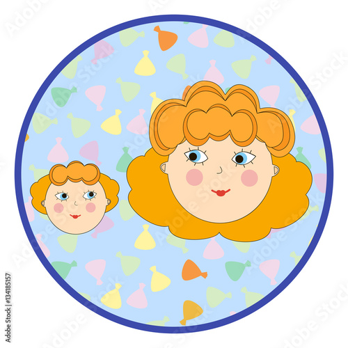 Mom and daughter round sticker. Portrait of a cartoon style woman and girl.