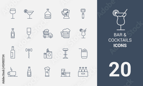 bar and cocktails line icons set