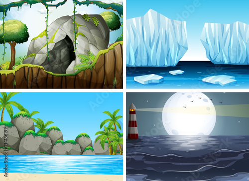 Four different scenes with ocean and moutain