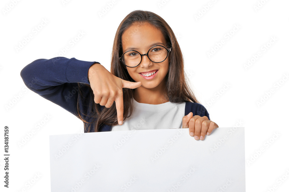Cute girl with blank poster on white background Cute girl with blank poster on white background