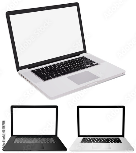 Three computer laptops on white background