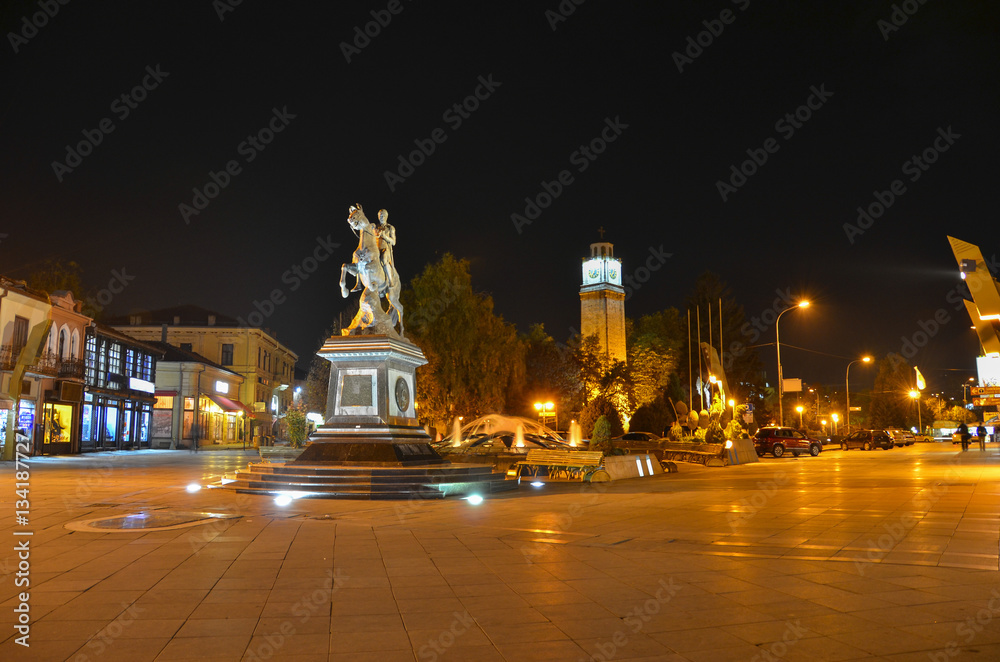 Philip II the Macedon and Clock Tower at night - Bitola, Macedonia