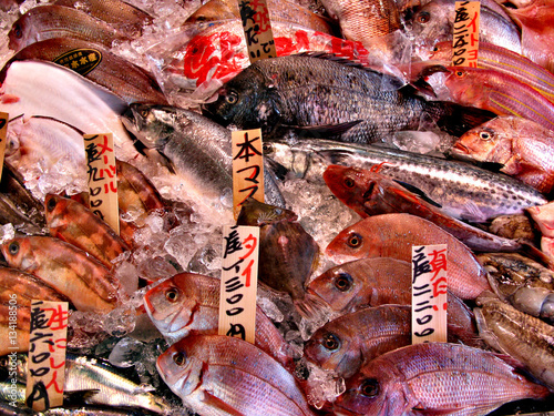 Variety of seafood on Japanese fish market's showcase 
