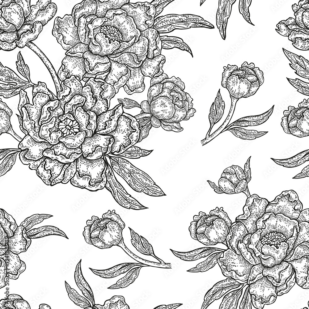 Vintage peony flowers, buds and leaves. Vector seamless pattern.