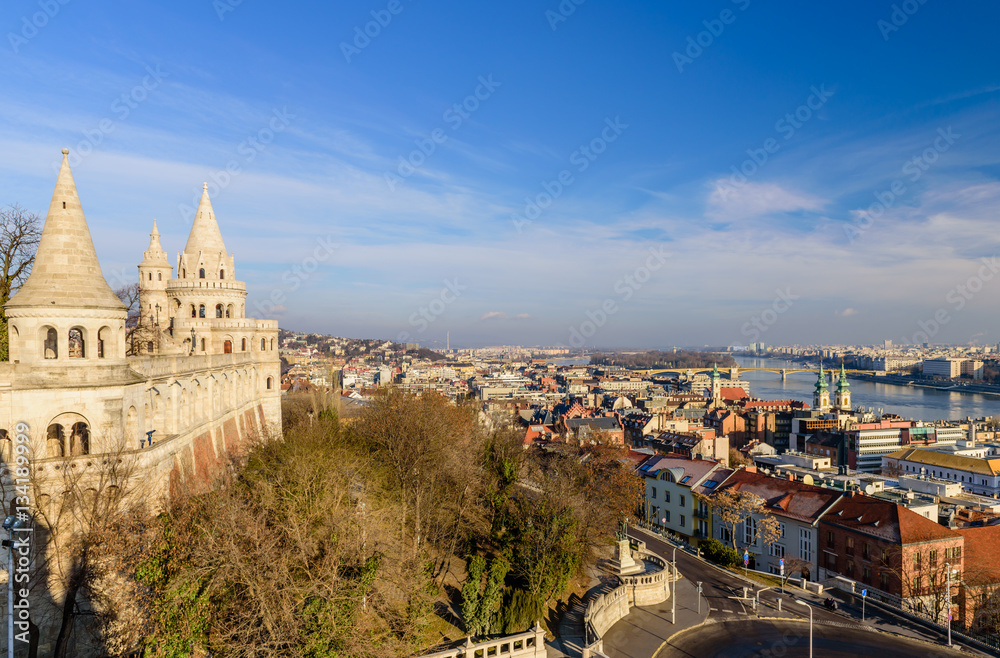 Panorama of Budapest: Fisherman's Bastion and aerial view of the Danube river, Hungary
